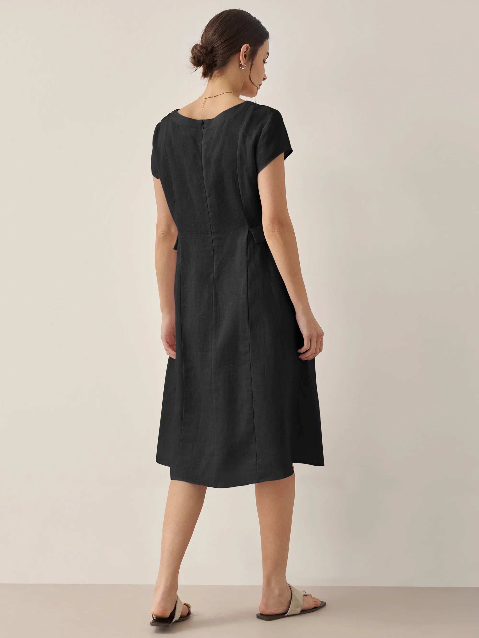 100% Linen Natural Summer V-Neck Dress ALEXA