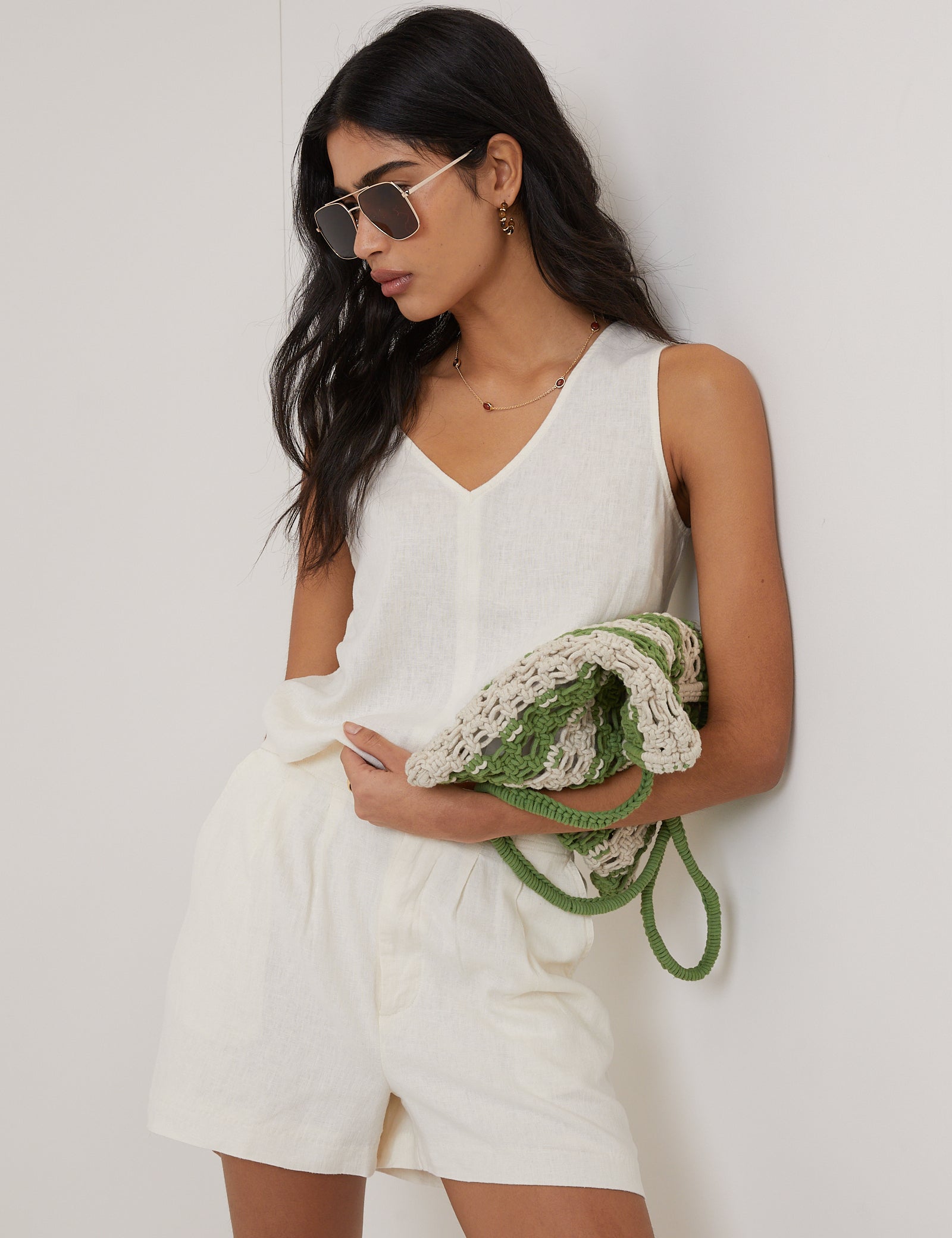 Cream Linen-Blend Shorts