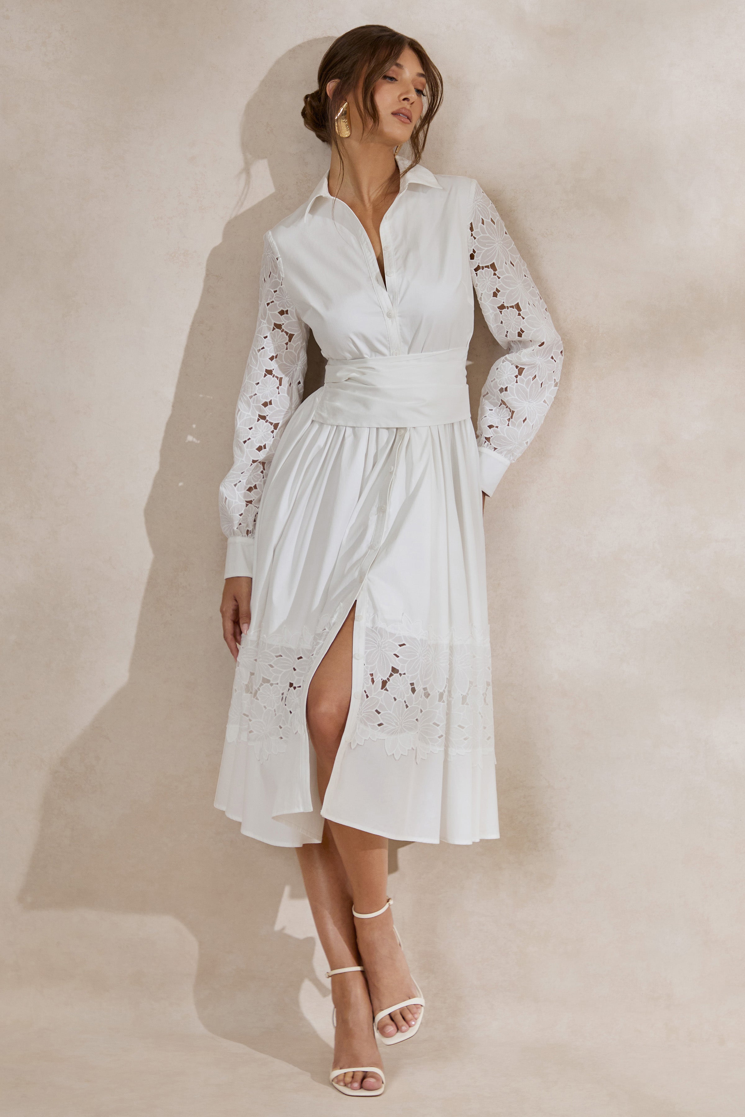 Zalynne | White Broderie Collared-Neck Midi Dress