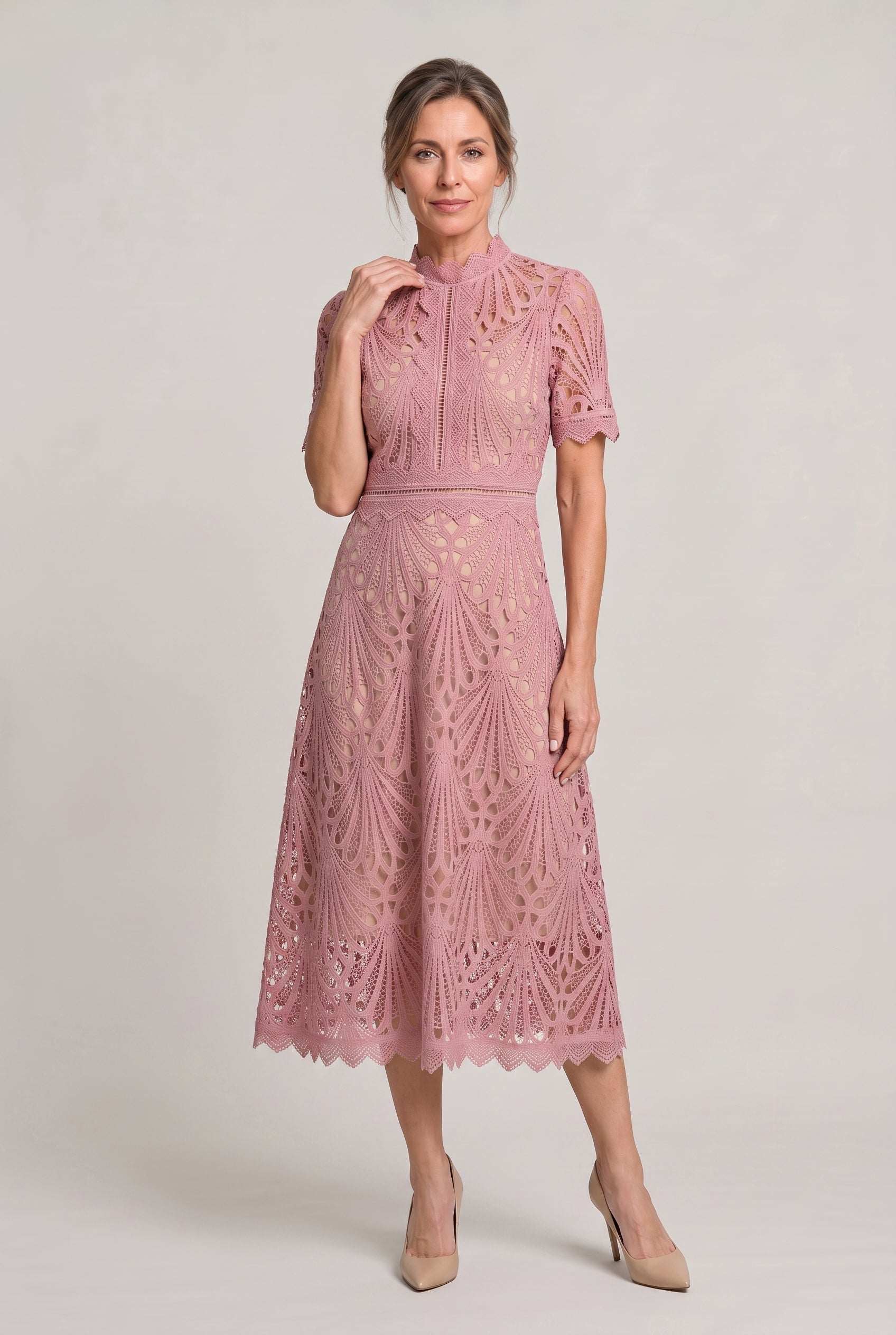 Lace Midi Dress – High Neck Silhouette with Refined Cutwork Detail