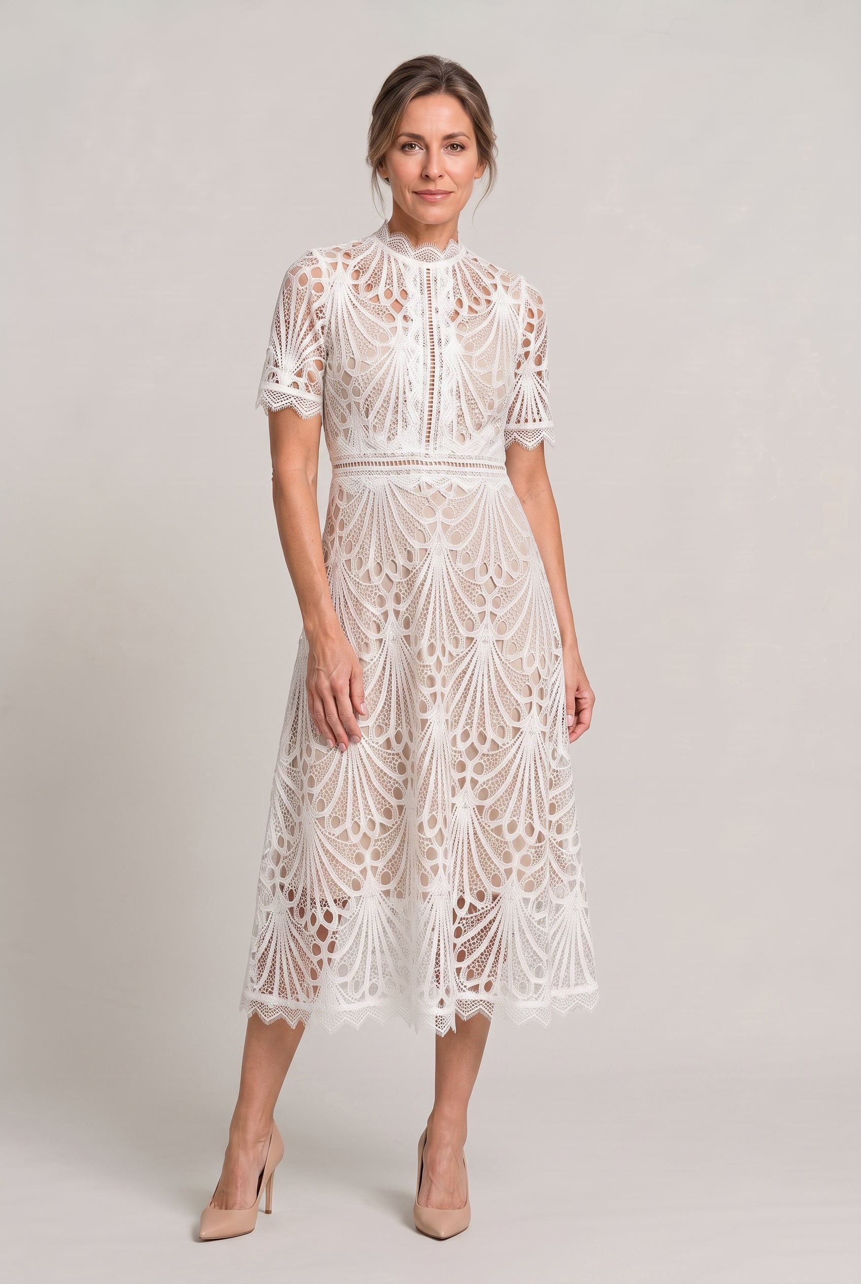 Lace Midi Dress – High Neck Silhouette with Refined Cutwork Detail