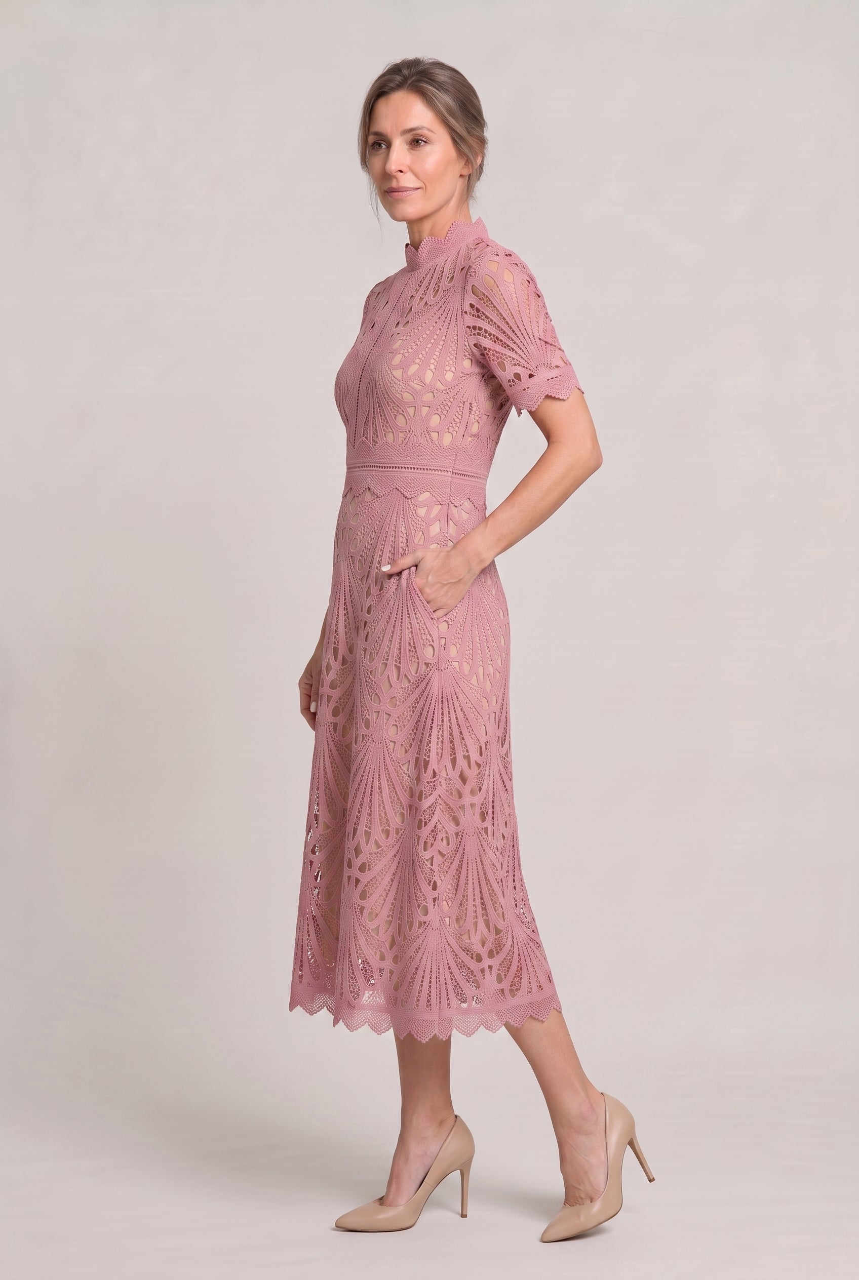 Lace Midi Dress – High Neck Silhouette with Refined Cutwork Detail