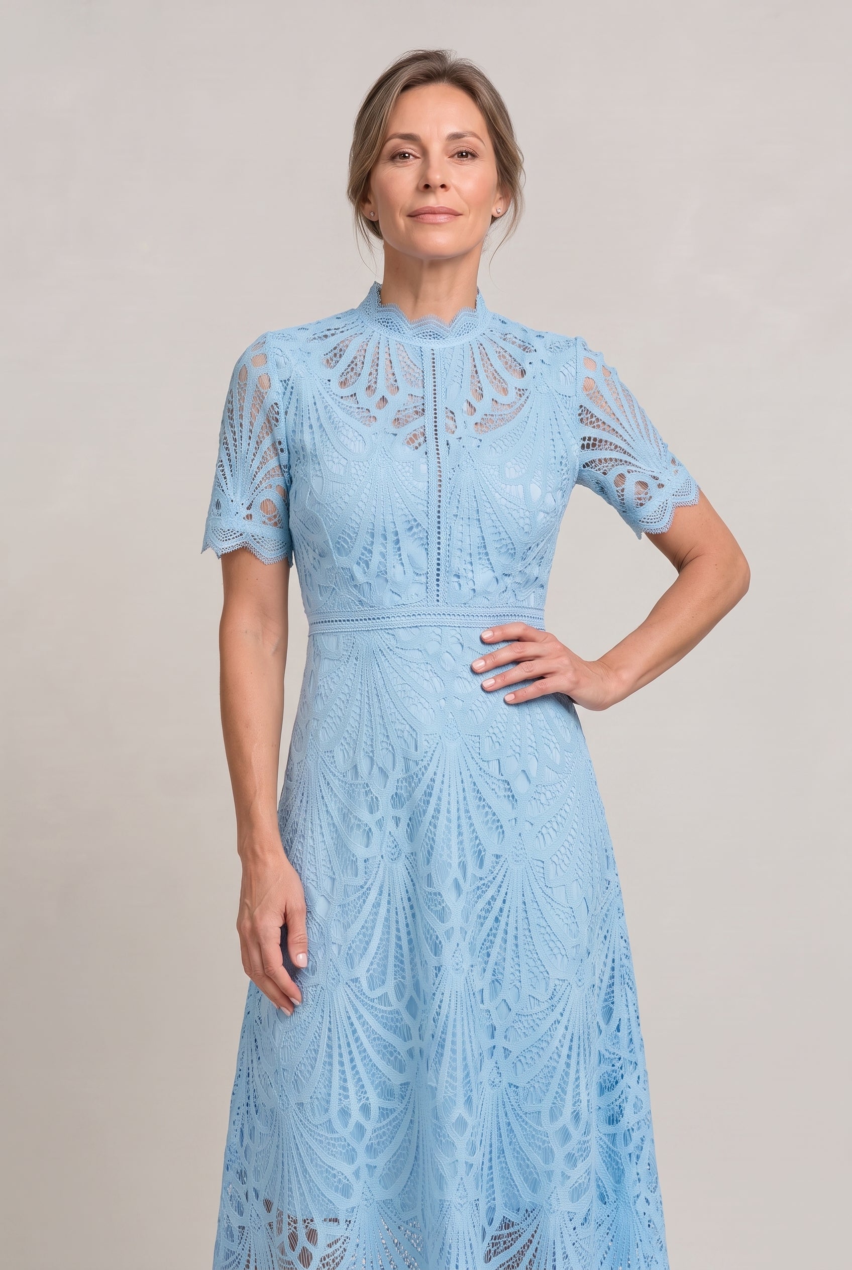 Lace Midi Dress – High Neck Silhouette with Refined Cutwork Detail