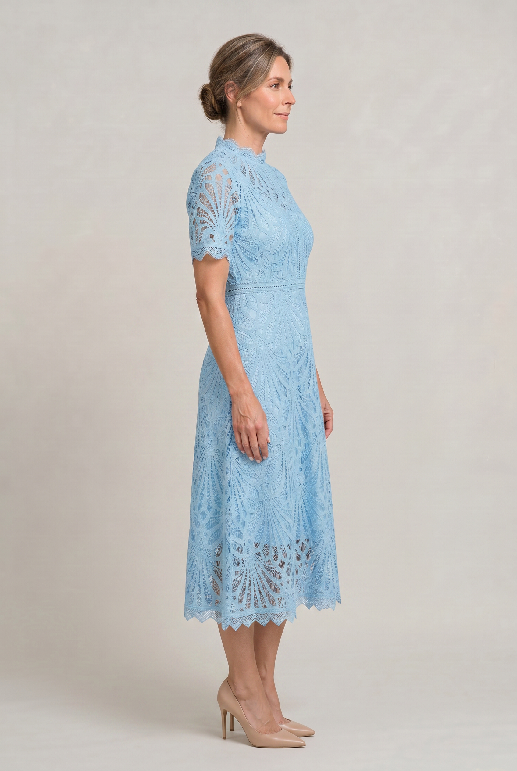 Lace Midi Dress – High Neck Silhouette with Refined Cutwork Detail