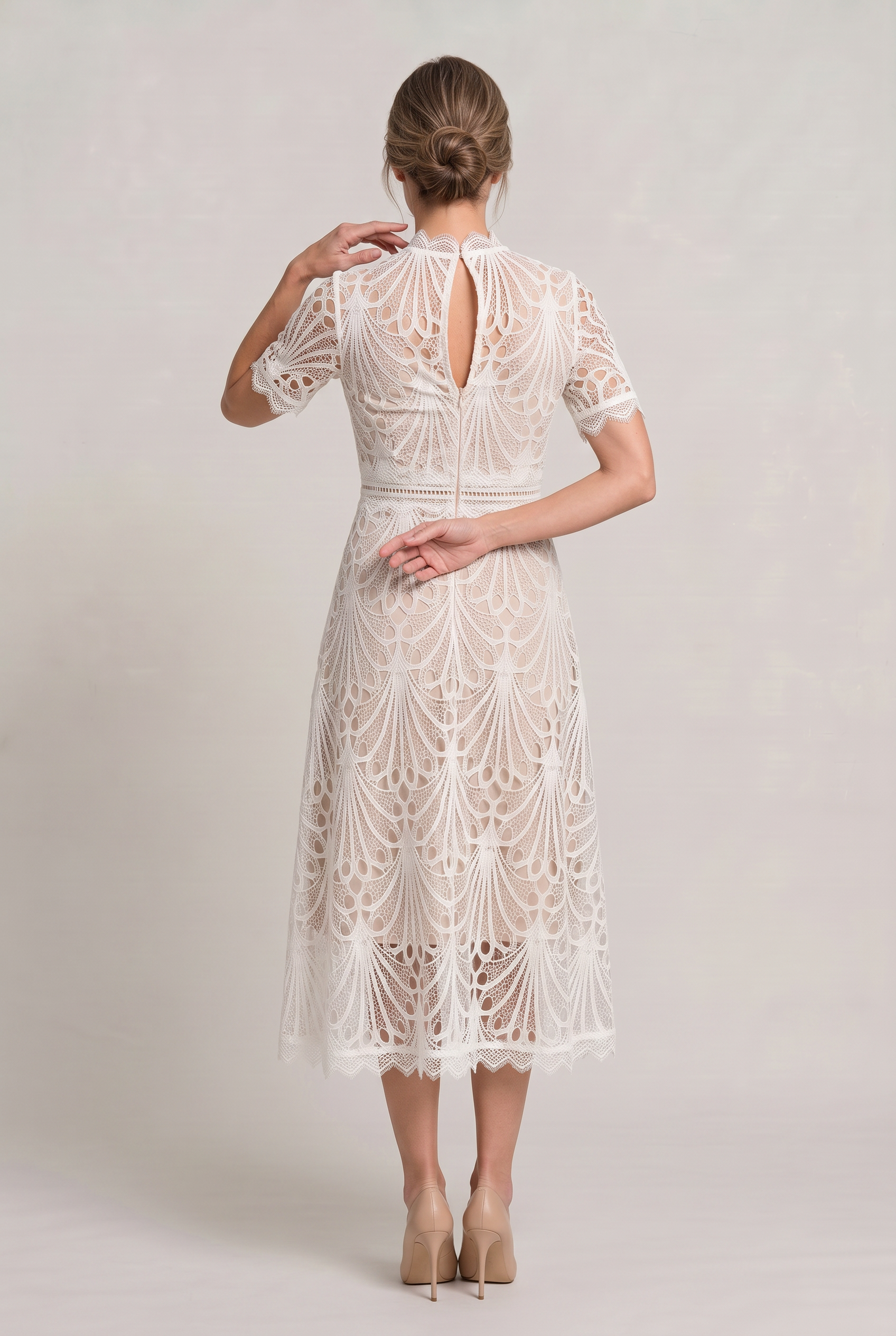 Lace Midi Dress – High Neck Silhouette with Refined Cutwork Detail