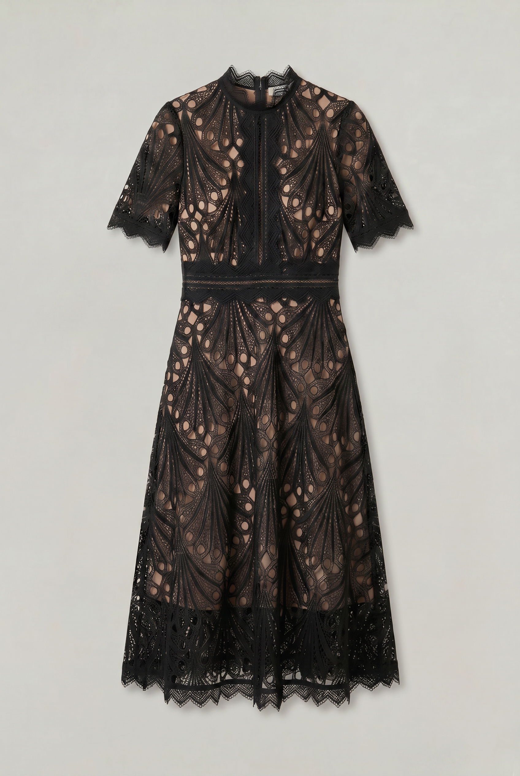 Lace Midi Dress – High Neck Silhouette with Refined Cutwork Detail
