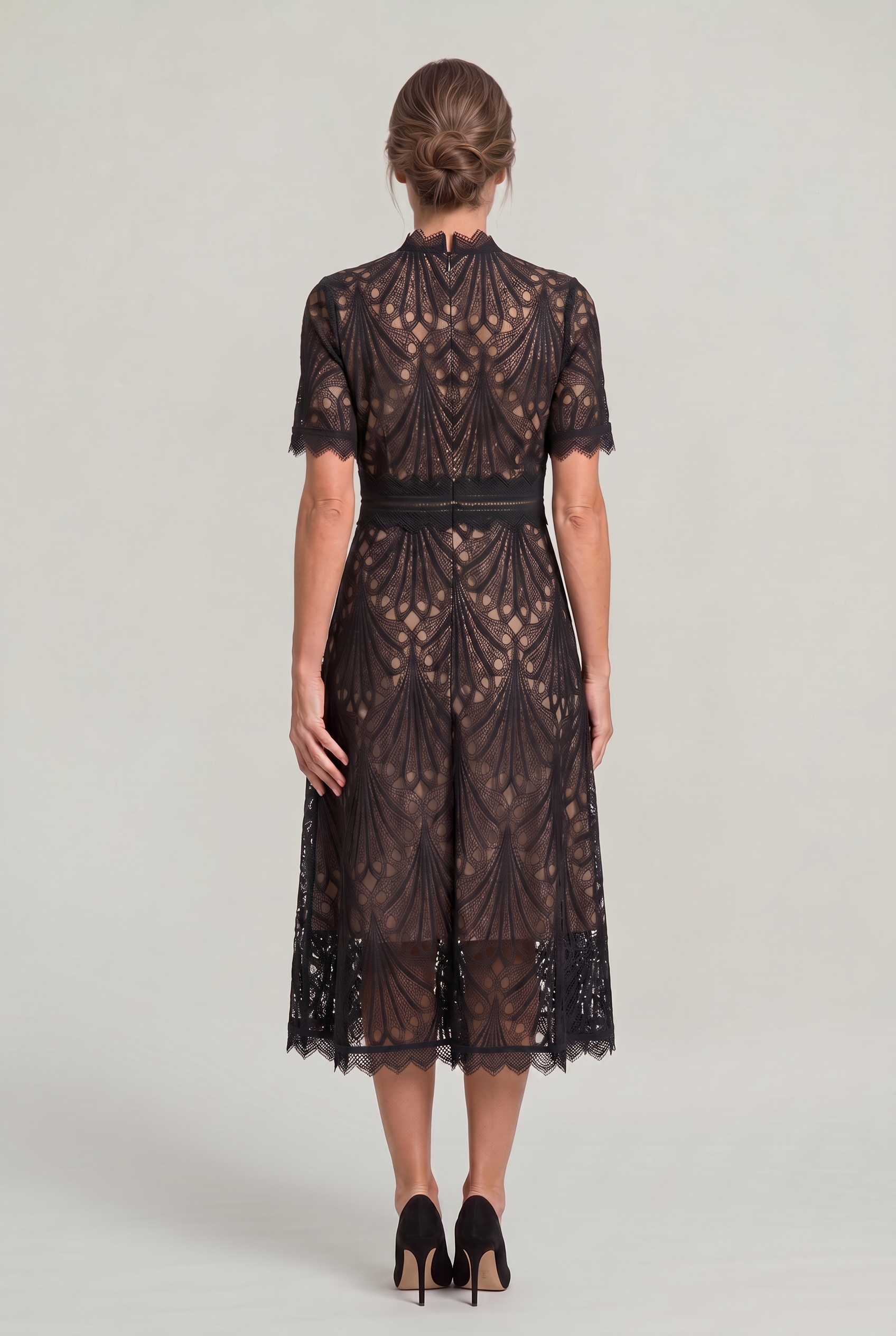 Lace Midi Dress – High Neck Silhouette with Refined Cutwork Detail