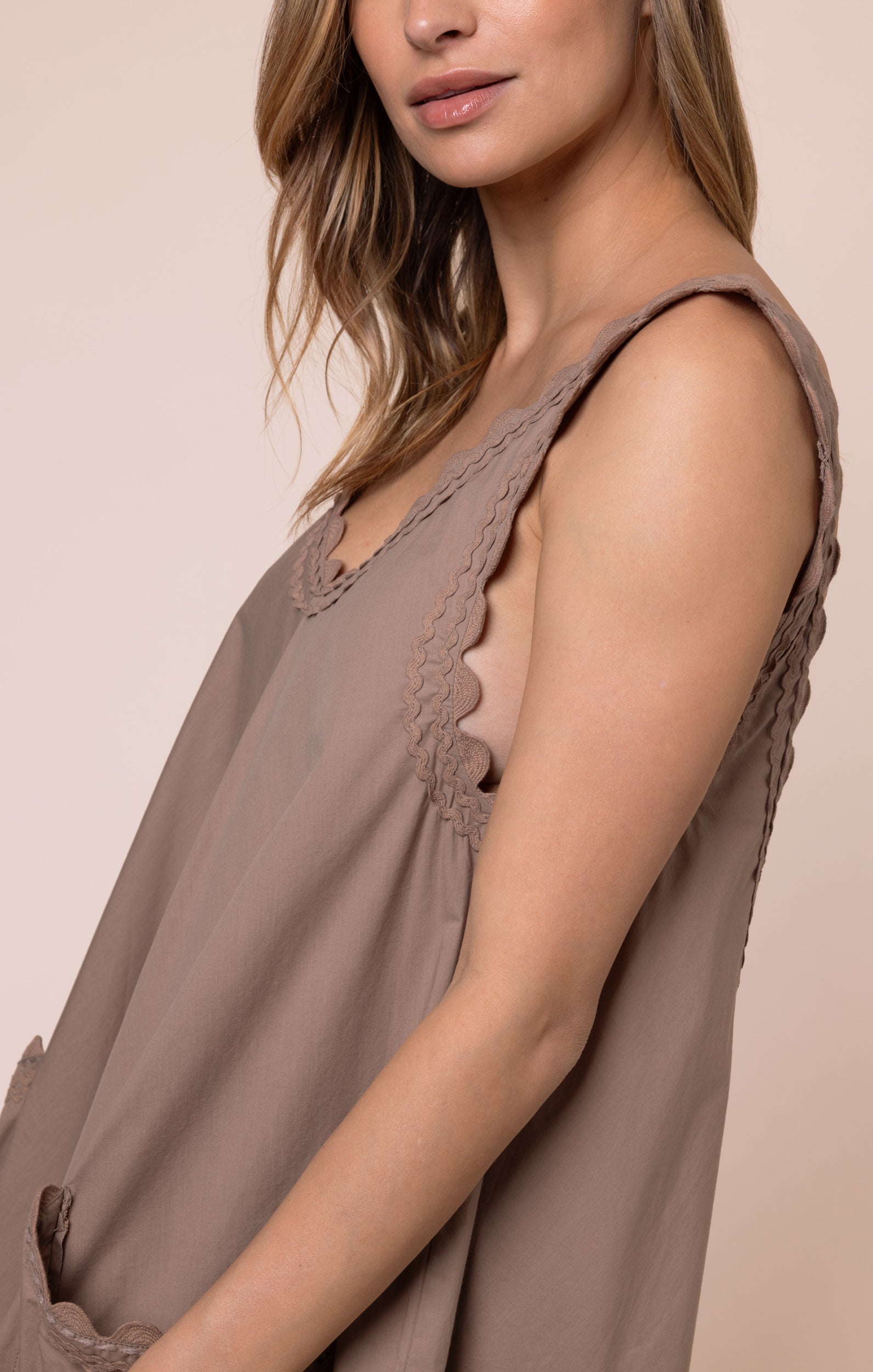 Mocha Poplin Low Back Dress with Ric Rac Embroidery