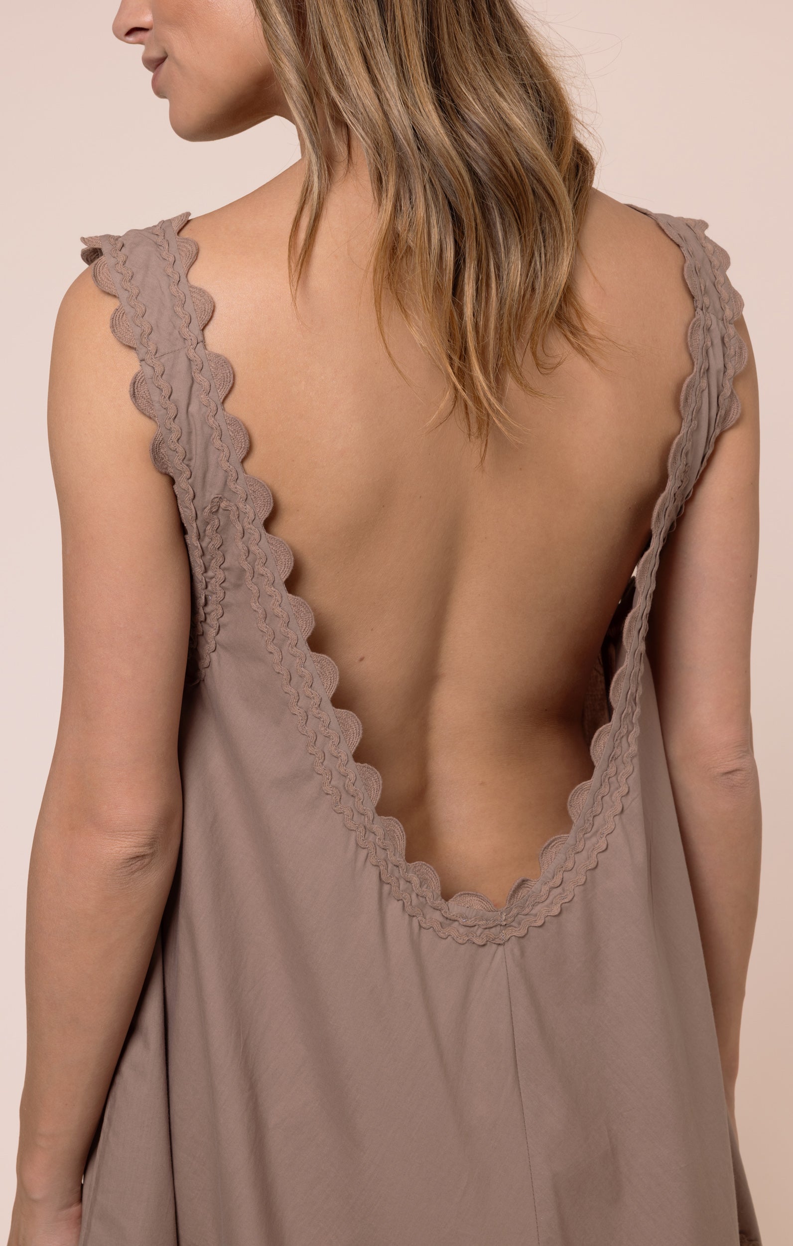 Mocha Poplin Low Back Dress with Ric Rac Embroidery