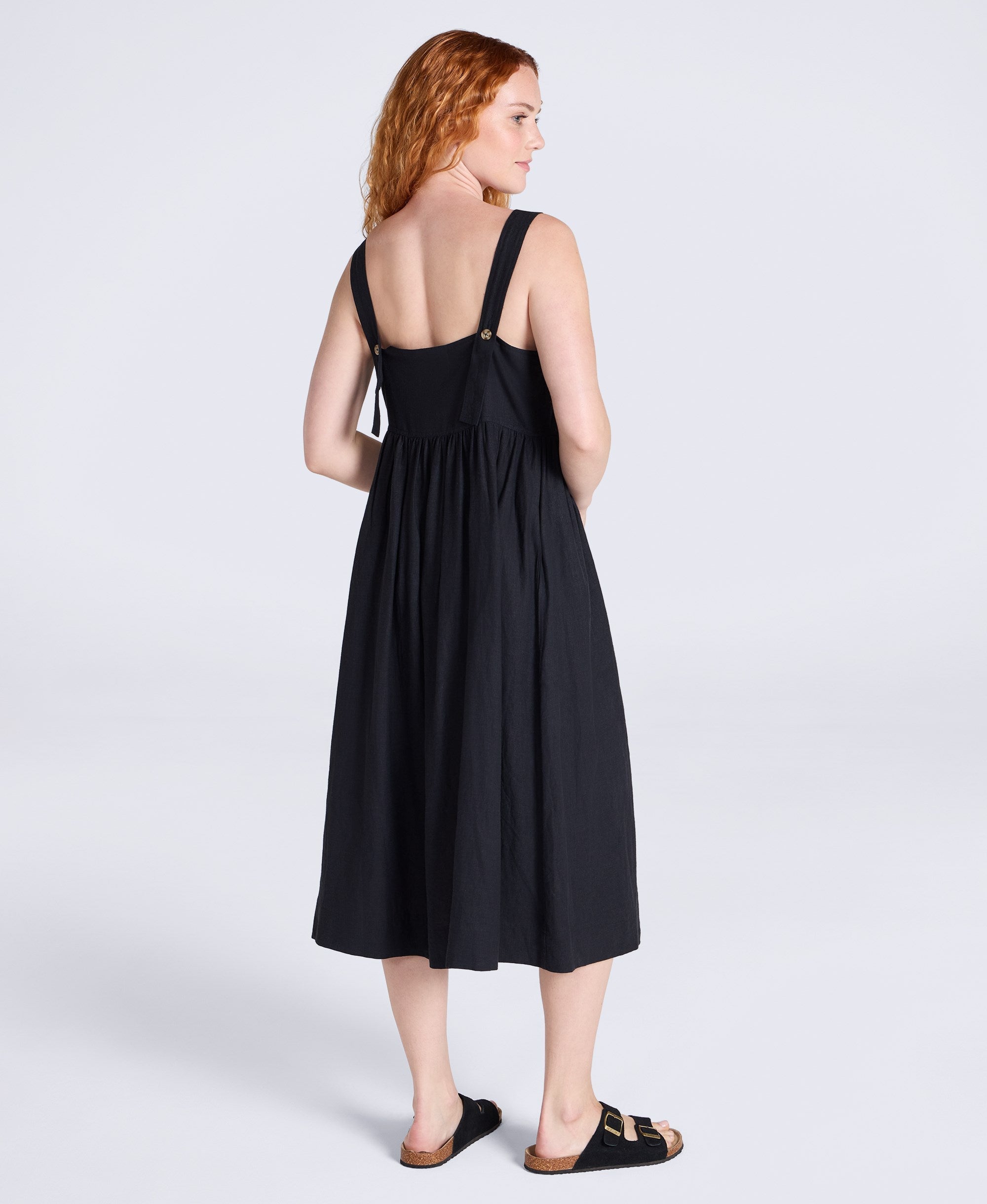 Linen Womens Midi Dress - Black