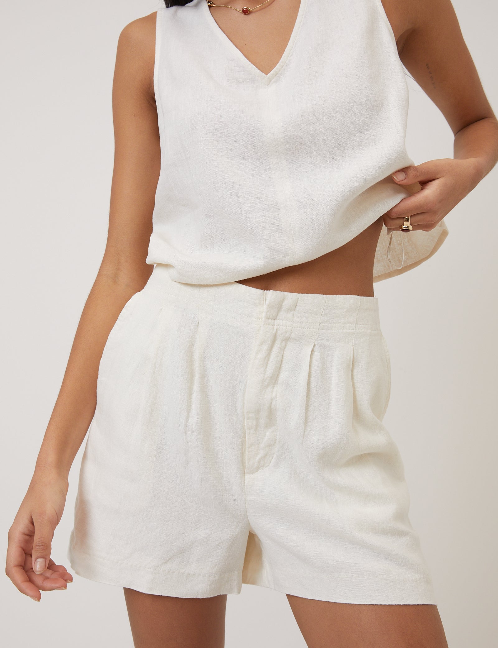 Cream Linen-Blend Shorts