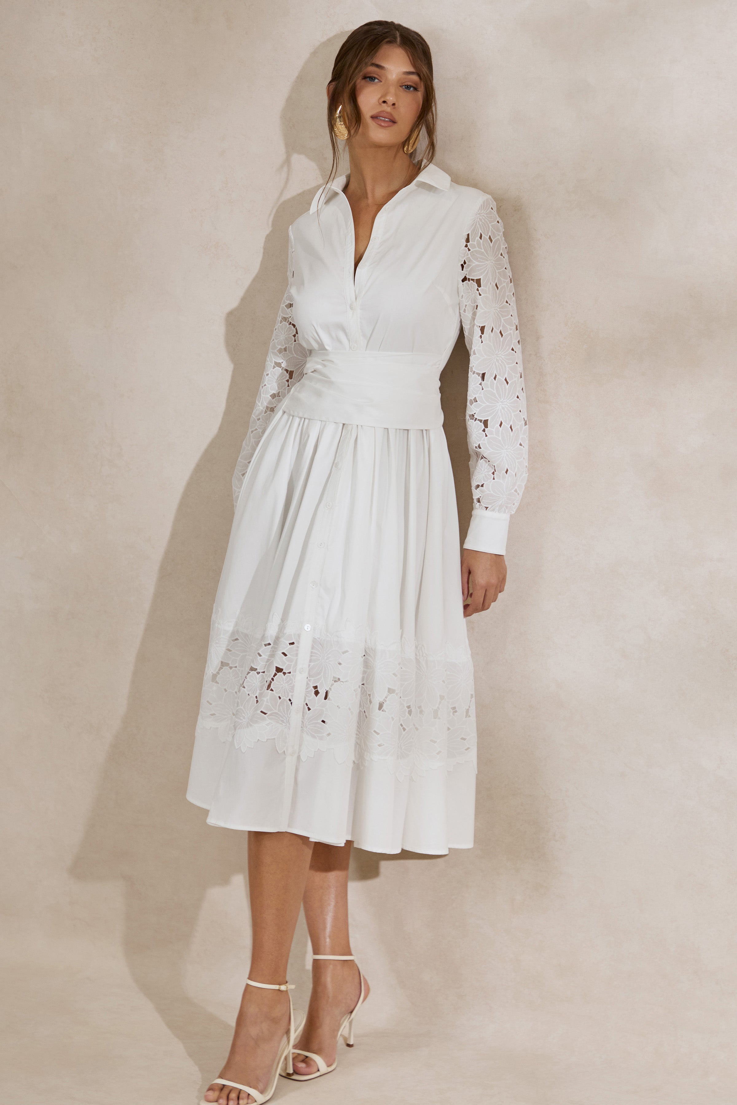 Zalynne | White Broderie Collared-Neck Midi Dress