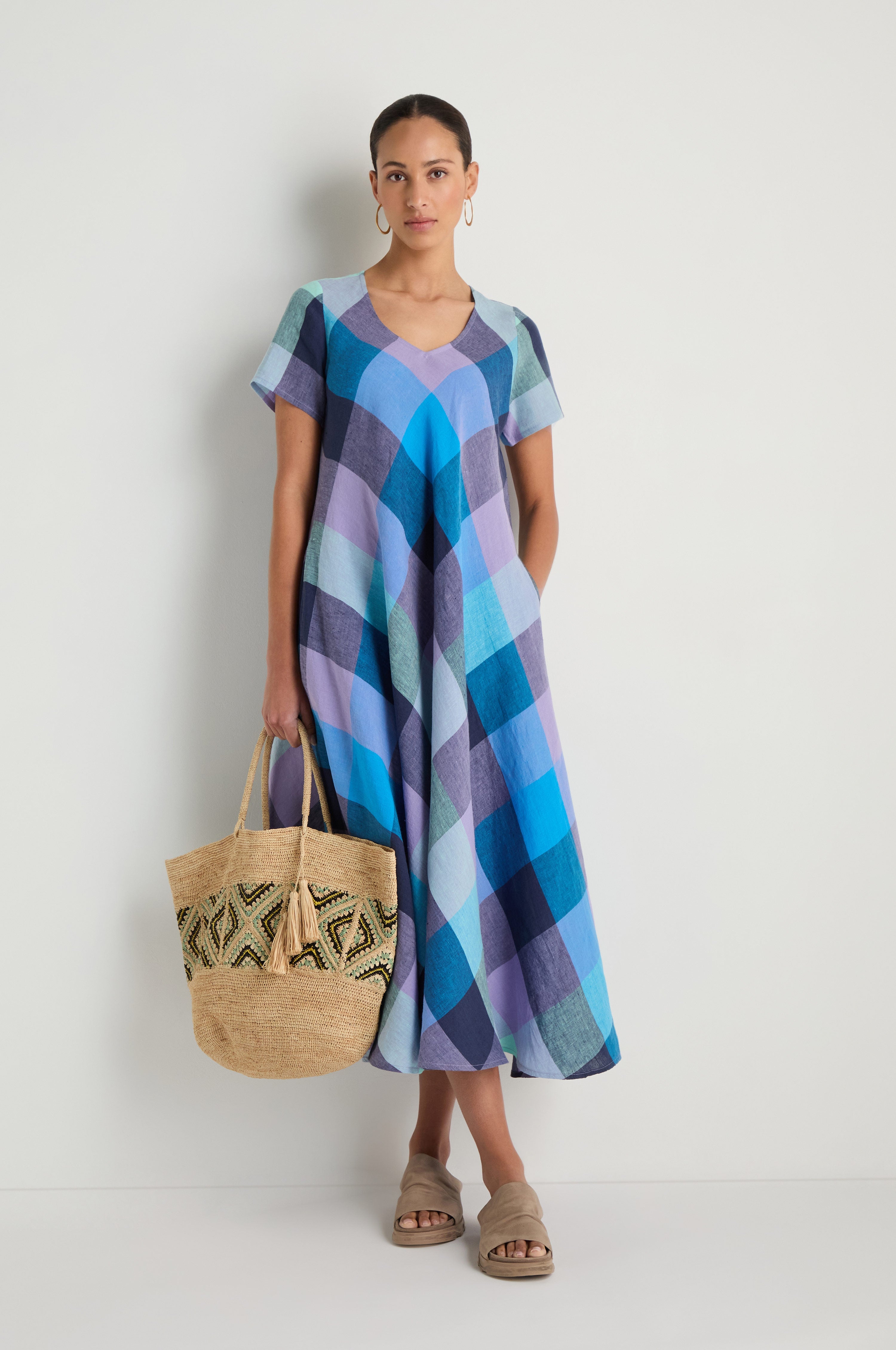 Cross Dye Check Linen Maxi Dress