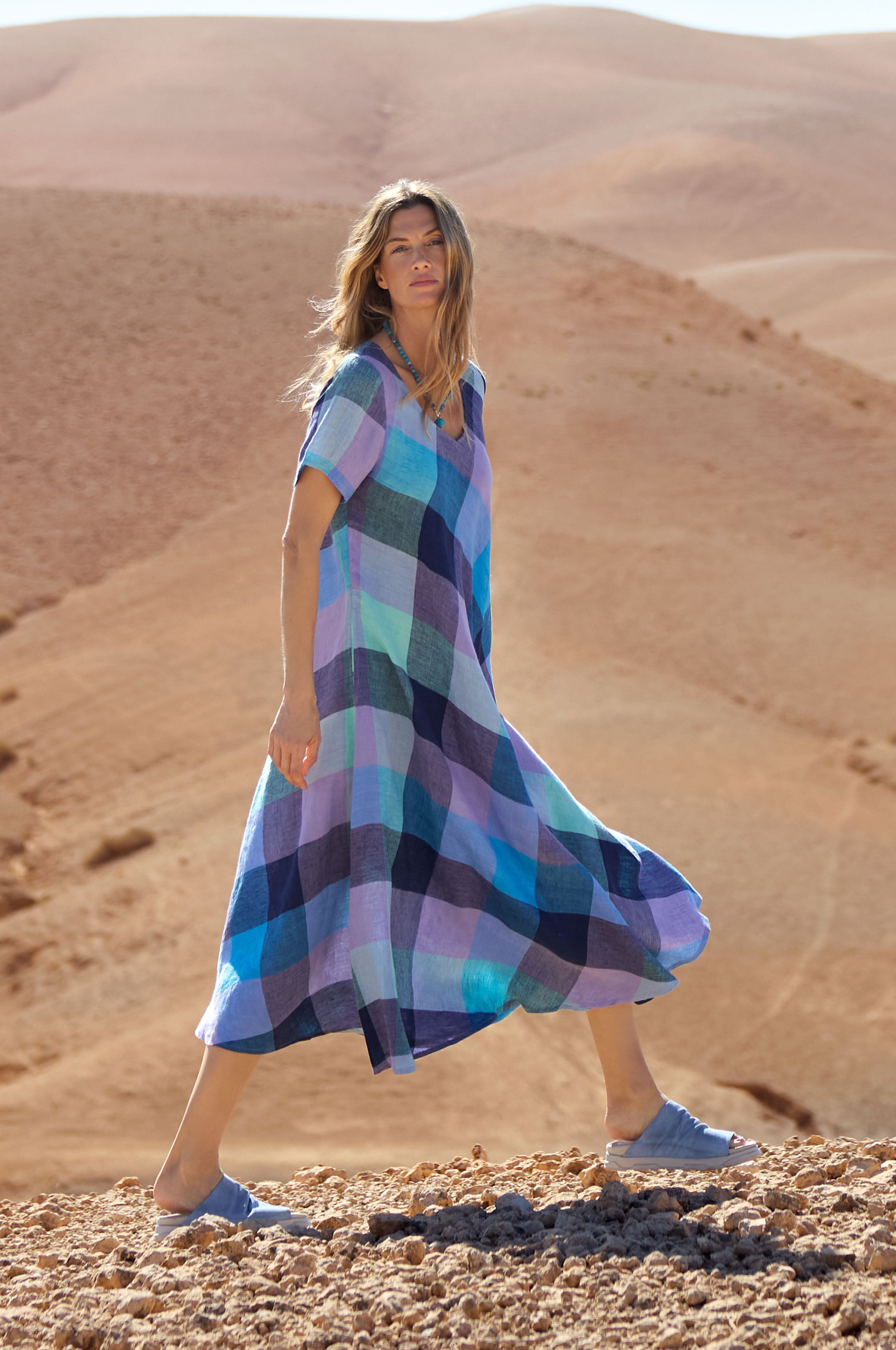 Cross Dye Check Linen Maxi Dress