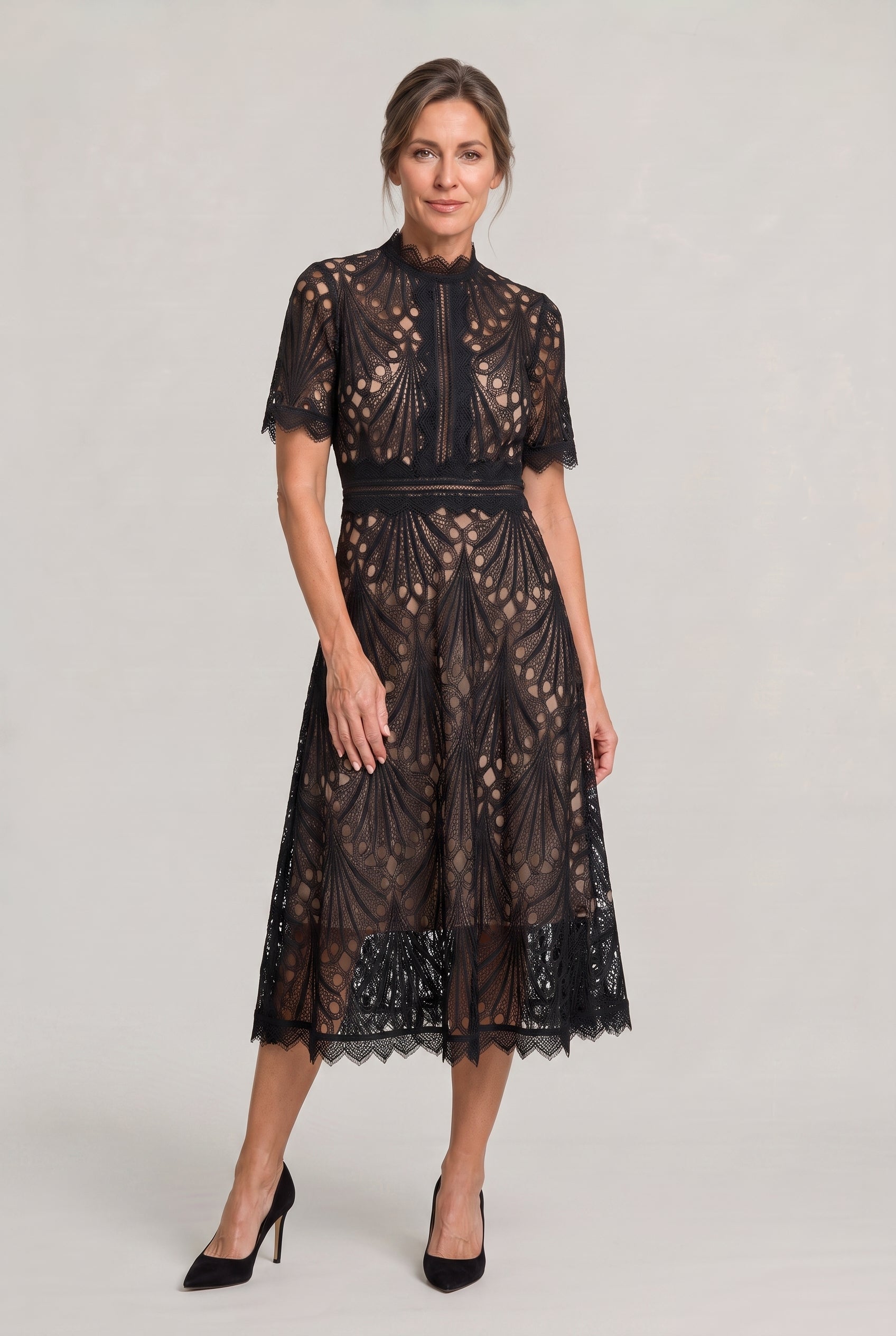 Lace Midi Dress – High Neck Silhouette with Refined Cutwork Detail