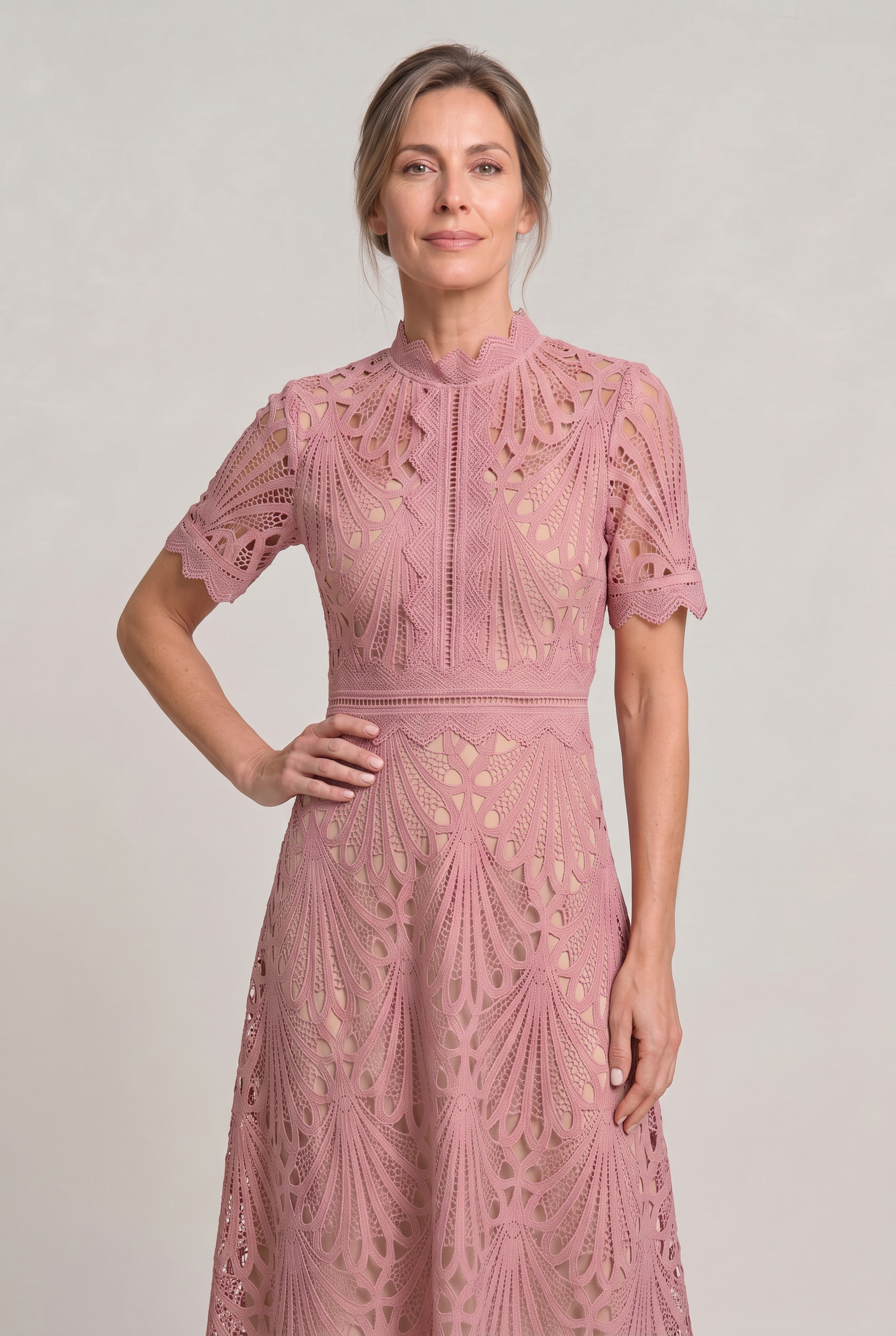 Lace Midi Dress – High Neck Silhouette with Refined Cutwork Detail