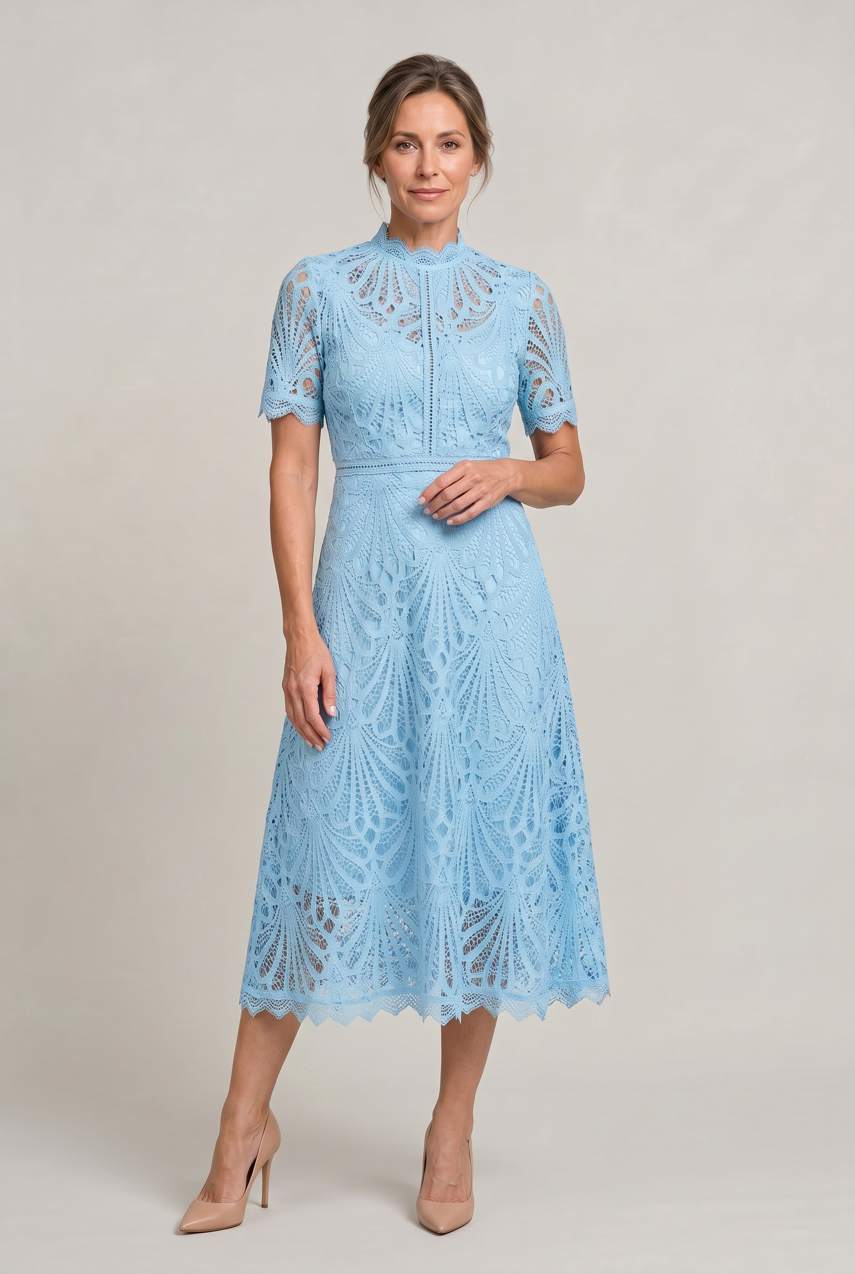 Lace Midi Dress – High Neck Silhouette with Refined Cutwork Detail