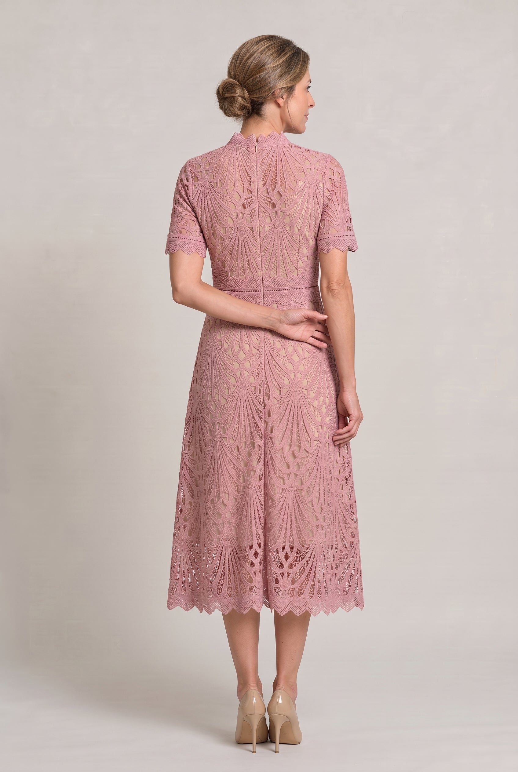 Lace Midi Dress – High Neck Silhouette with Refined Cutwork Detail