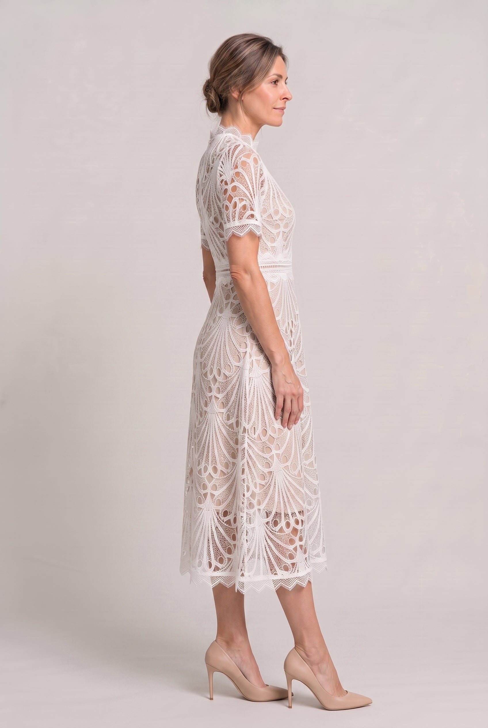 Lace Midi Dress – High Neck Silhouette with Refined Cutwork Detail