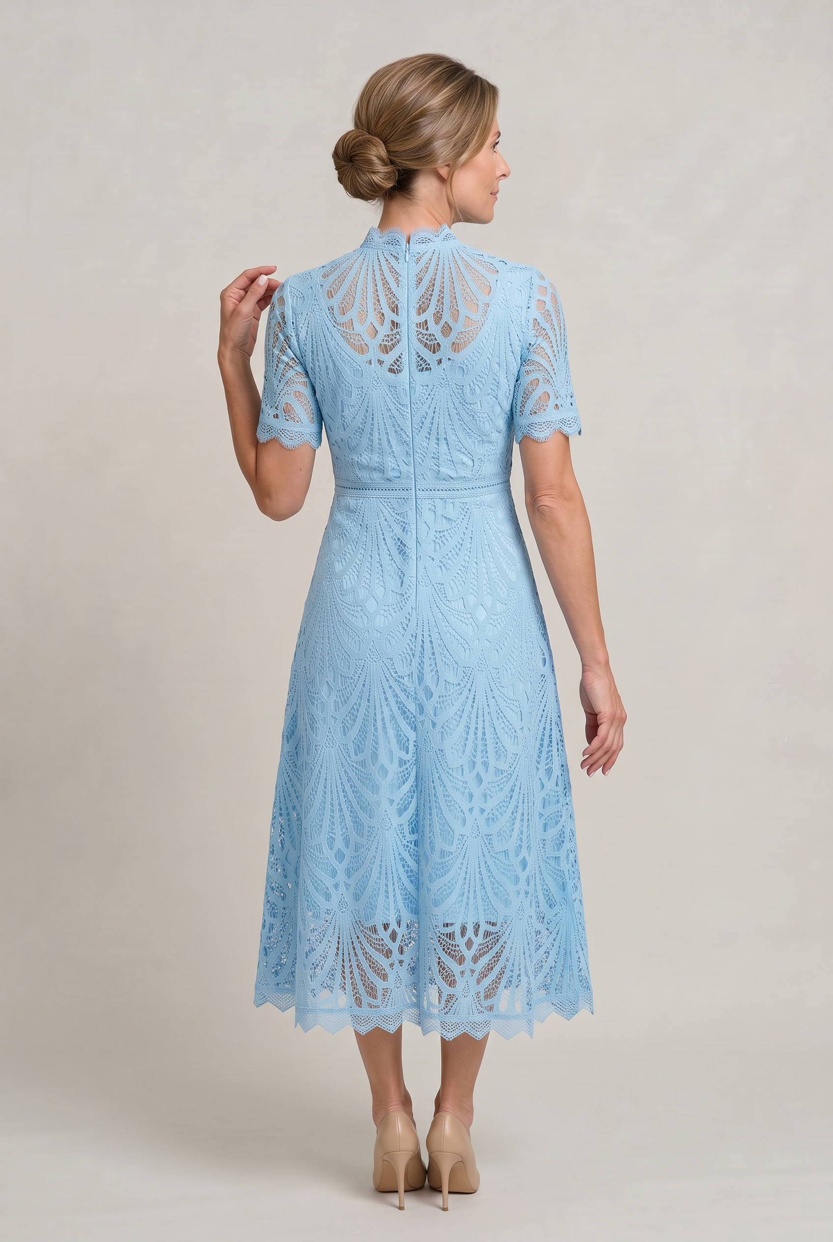 Lace Midi Dress – High Neck Silhouette with Refined Cutwork Detail