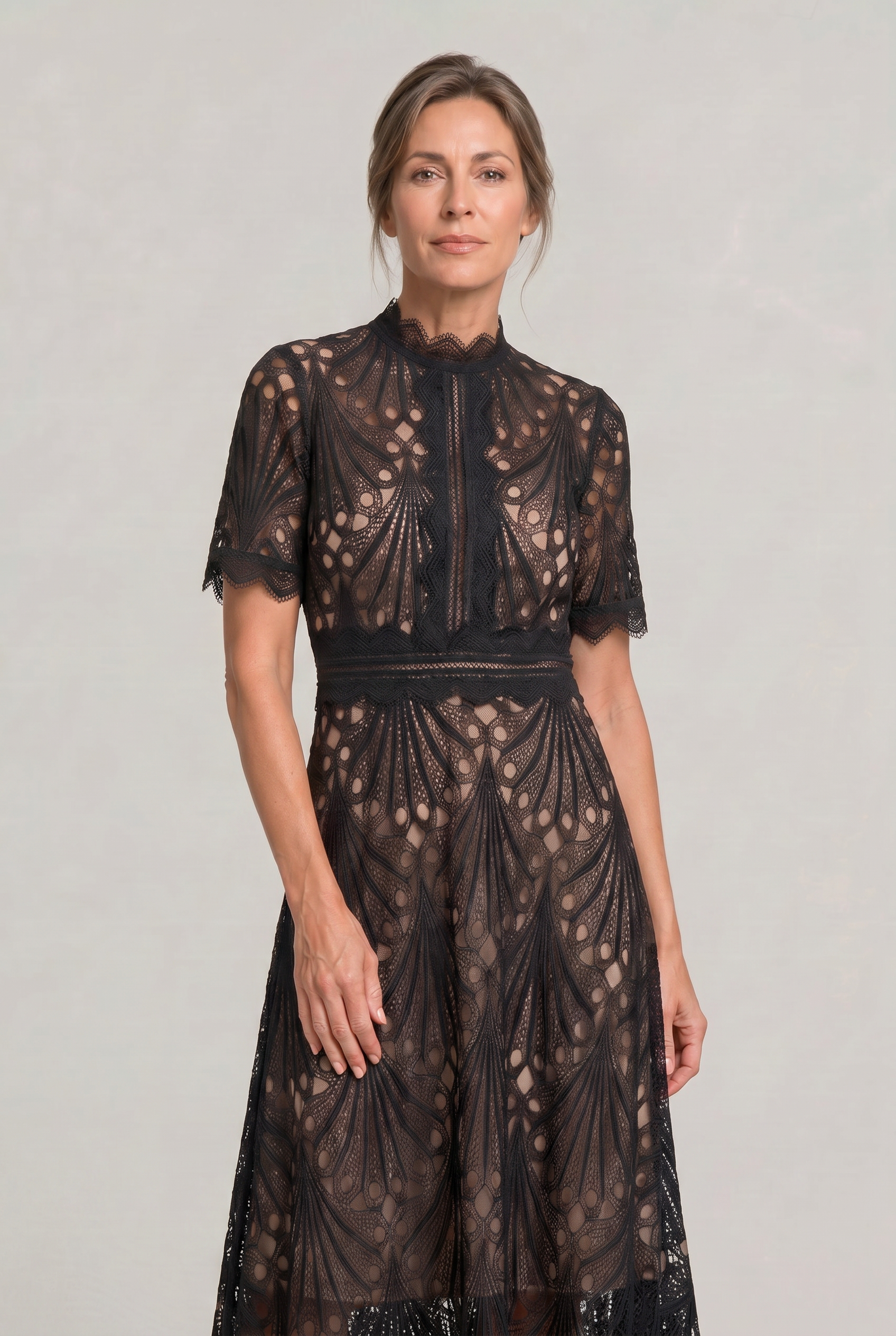 Lace Midi Dress – High Neck Silhouette with Refined Cutwork Detail