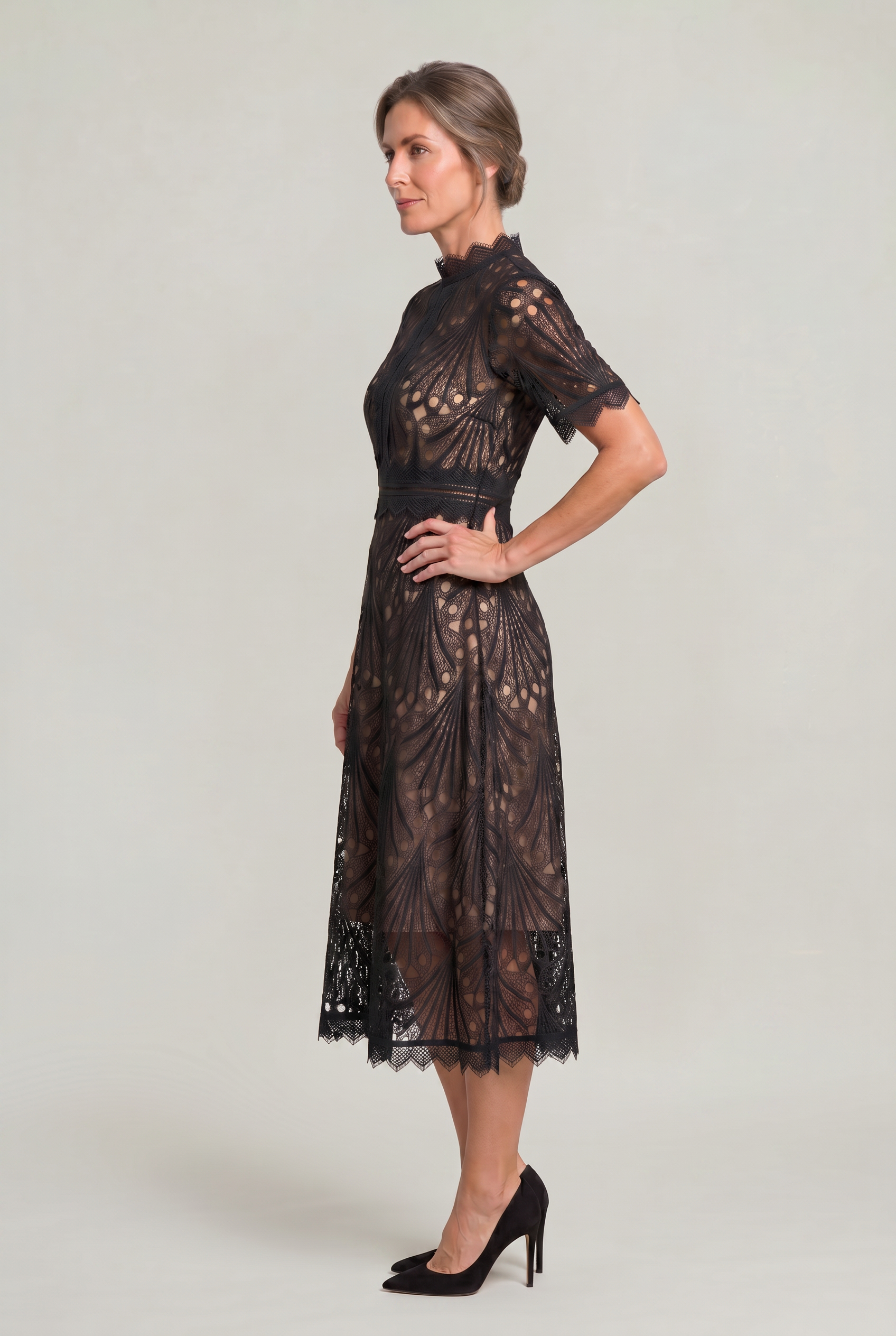 Lace Midi Dress – High Neck Silhouette with Refined Cutwork Detail