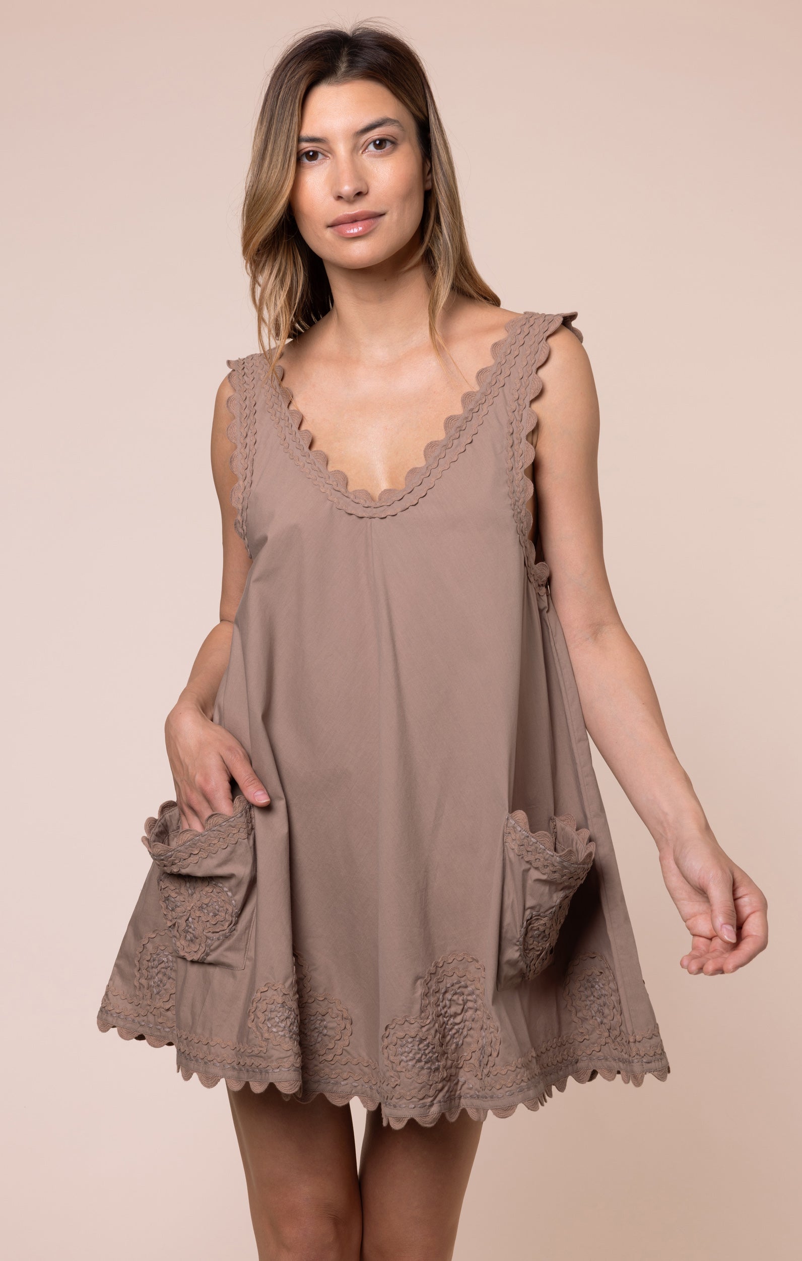 Mocha Poplin Low Back Dress with Ric Rac Embroidery