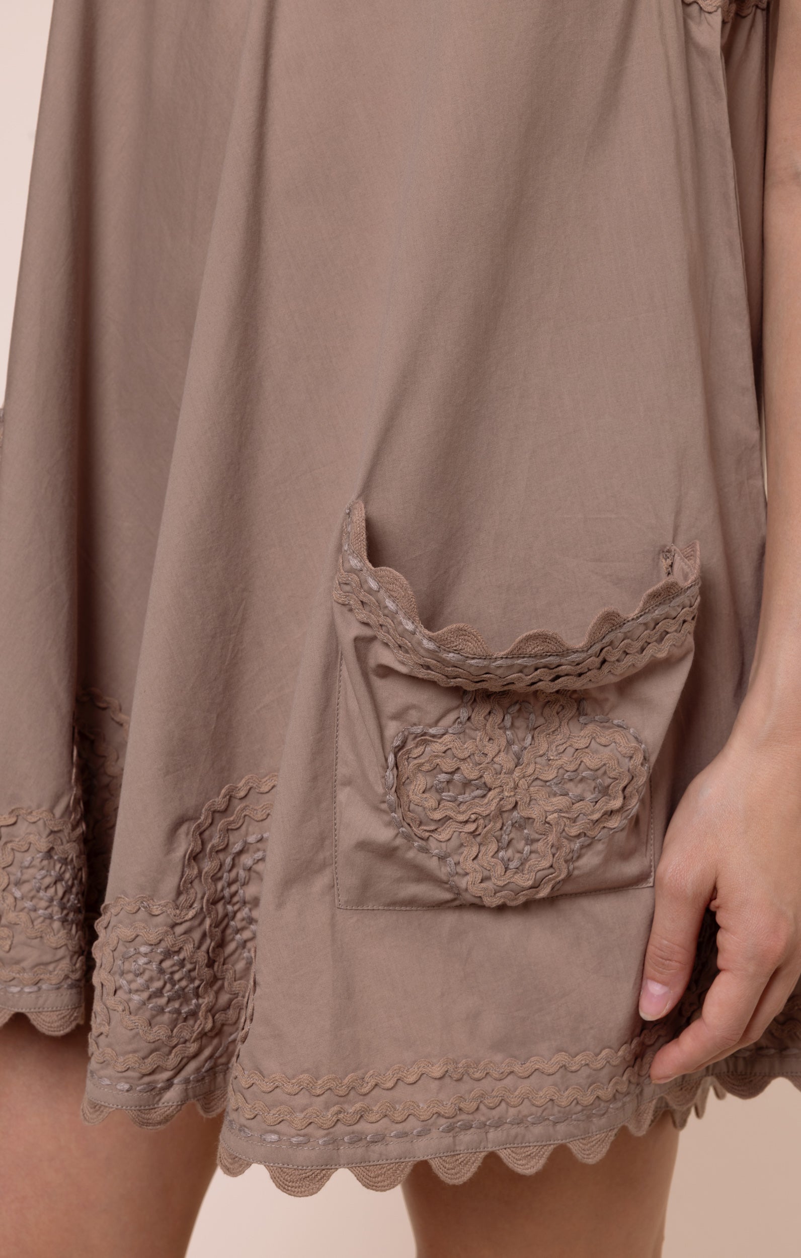Mocha Poplin Low Back Dress with Ric Rac Embroidery